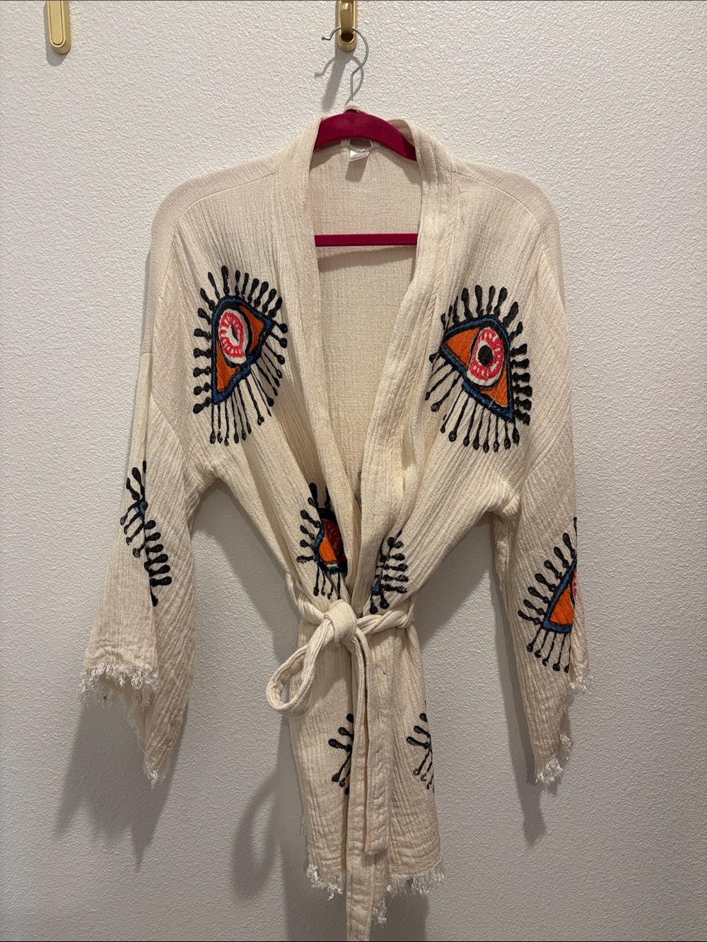 Evil Eye Print Cotton Robe Kimono • Cream Short Turkish Beach Coverup • ONE SIZE